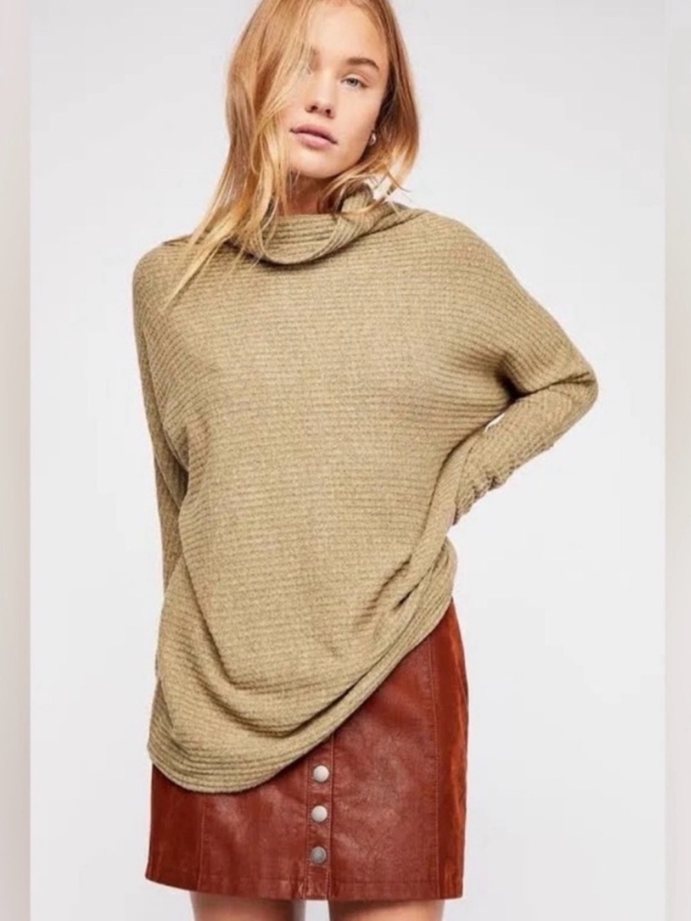 We The Free Olive Ribbed Cowl Neck Sweater